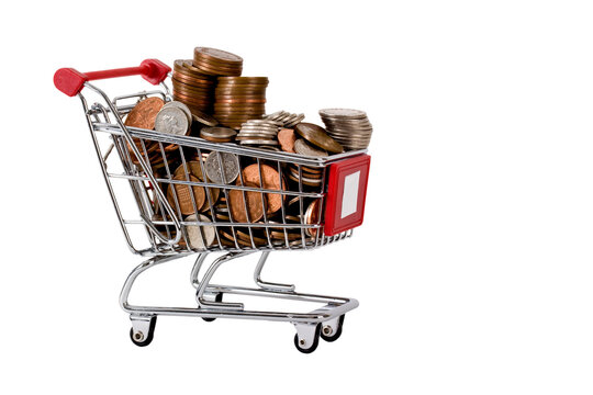 Shopping trolley full of coins showing food cost rises