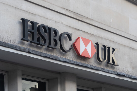 HSBC UK bank sign on building exterior facade