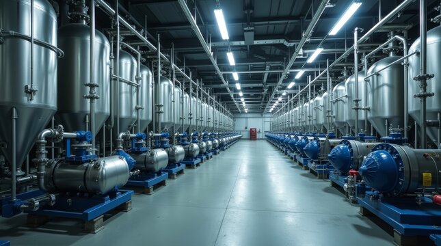 Industrial facility interior with rows of stainless steel tanks and pumps.