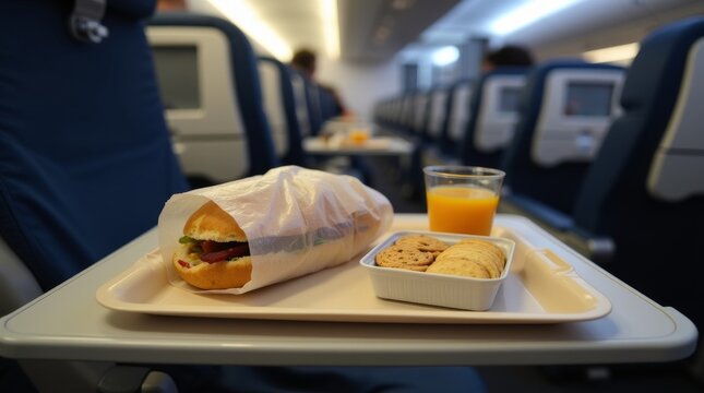 In-flight meal served on a tray table inside an airplane cabin during a journey.