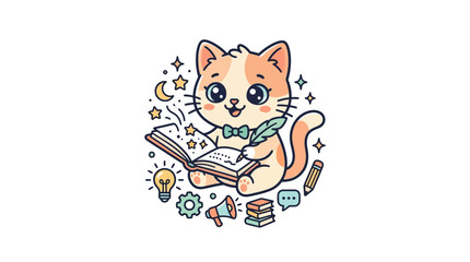 Obraz premium Cute Cartoon Cat Writing in a Magical Book