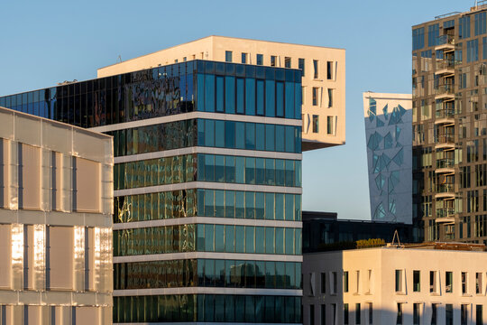 Modern Oslo skyline in Norway featuring Barcode business towers and office buildings with contemporary glass facades and urban highrise design