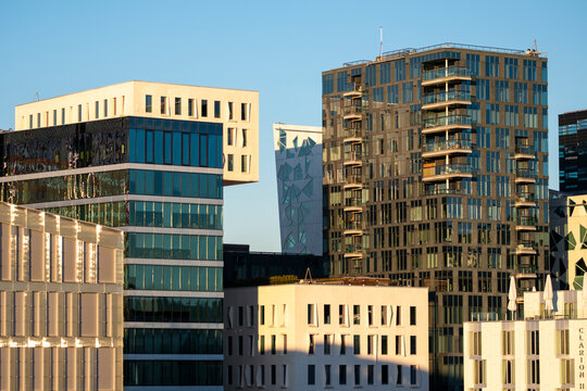 Barcode skyline in Oslo Norway with modern office towers and highrise architecture creating a clean contemporary urban business cityscape