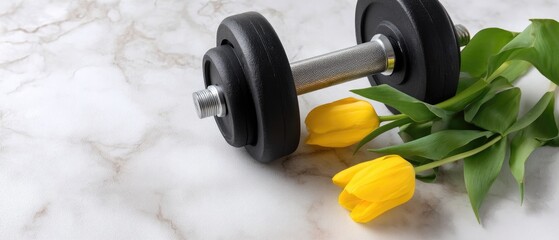Obraz premium Black barbell plate and yellow tulip arranged on white marble surface with space for text and focus on fitness concept
