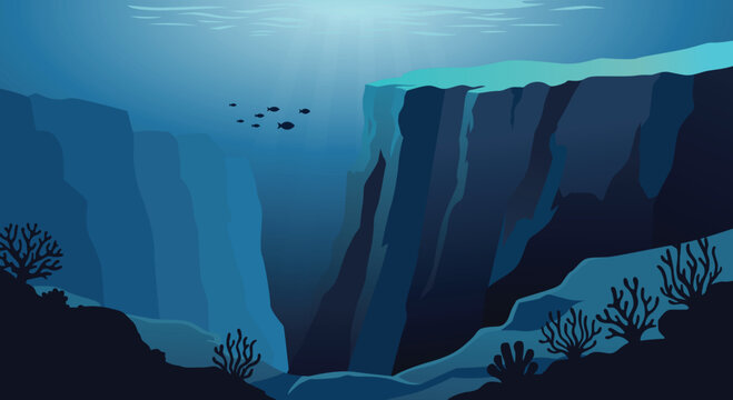 Flat vector illustration of an underwater cliff dropping into deep ocean