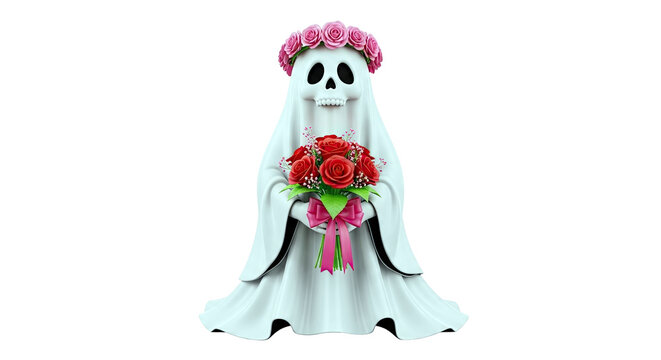 Skeleton Bride with Rose Wreath and Bouquet