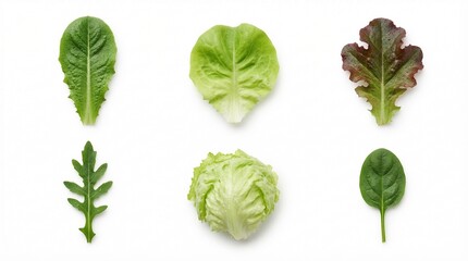 Obraz premium Set of lettuce leaves: Romaine Lactuca sativa, Arugula Eruca sativa and Spinach Spinacia oleracea on a white background