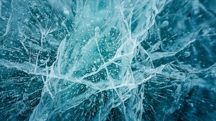 Obraz premium Macro texture of crystalline ice with air bubbles and cracks