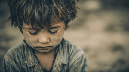 Obraz premium Young boy with dirt on face and clothes