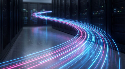 Dynamic light trails flowing through a server room, symbolizing rapid data transfer and network speed. © Jacqueline