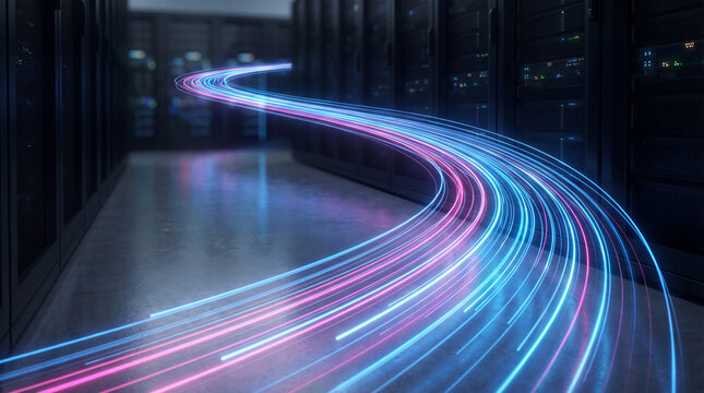Dynamic light trails flowing through a server room, symbolizing rapid data transfer and network speed.