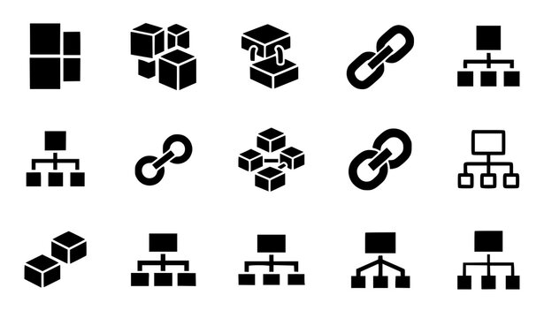 Minimalist system modules and connection icons set with block structure and network elements in solid vector style