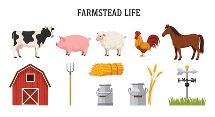 Farm animals and tools on farmstead. © Faisal