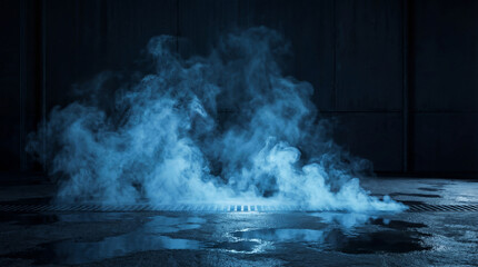 Blue smoke billows from a metal grate on a wet, dark concrete floor. © Jacqueline