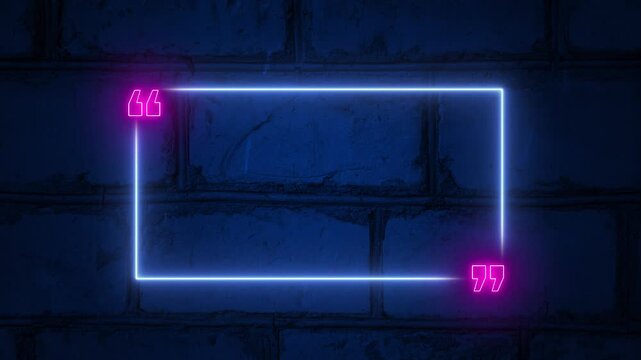 Text quote mark in a frame. In a neon style. Against an old wall. 4K