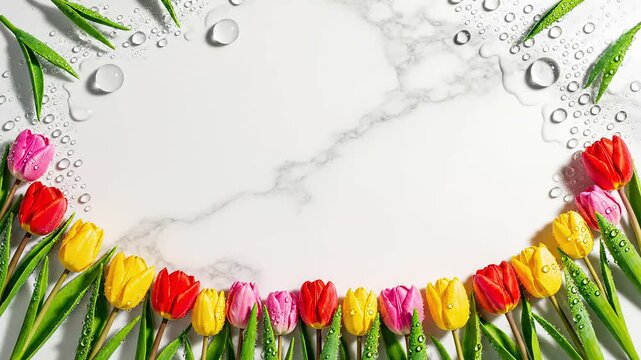 Colorful fresh tulips arranged on a white marble background with water droplets, creating a vibrant springtime frame with copy space for promotion.