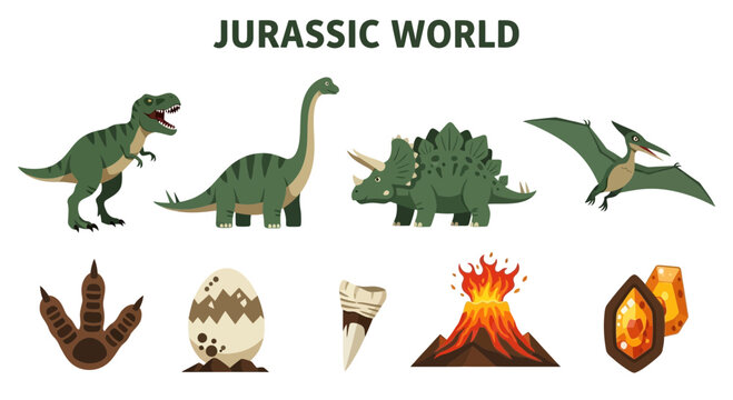 Prehistoric creatures and Jurassic world icons.