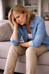 Obraz premium Middle aged woman sitting on sofa with hand on head showing sadness, worry or emotional stress at home.