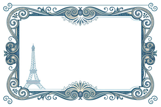 Ornate vintage rectangular border design featuring the iconic Eiffel Tower graphic in blue tones on transparent background