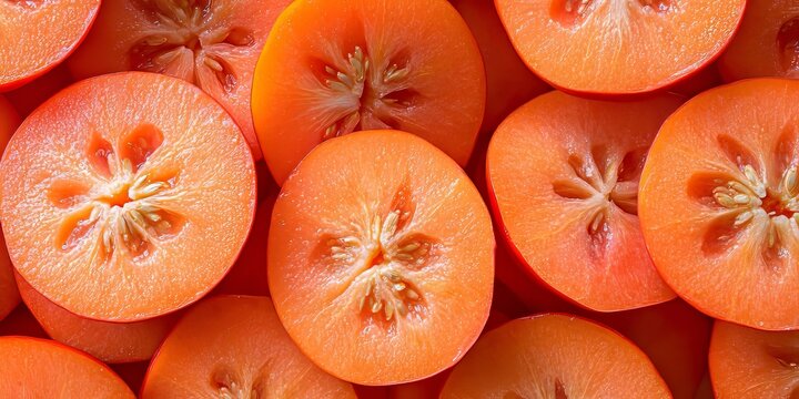 Vibrant Arrangement of Fresh Sliced Kakis in Overhead View Showcasing Their Star Shape and Colors