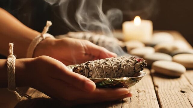 Person lighting white sage smudge stick in abalone shell