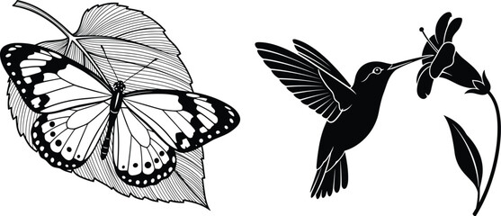 Black and white silhouette vector set featuring a butterfly on a leaf and a hummingbird drinking nectar from a flower for nature designs. © Moskirul