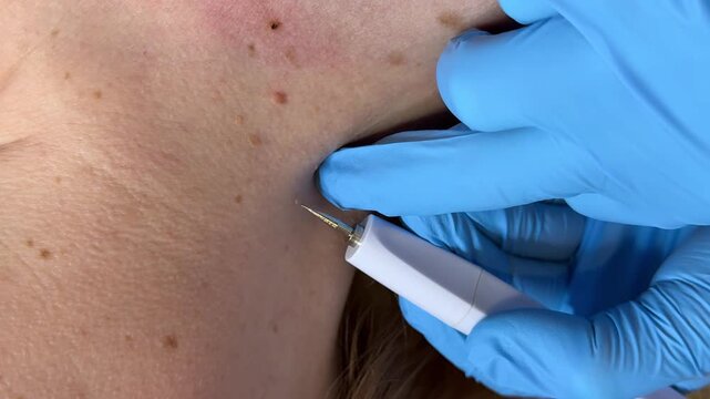 Process of removing mole using laser on woman's neck by surgeon, burning skin, closeup view. Cosmetic treatment in beauty clinic. Surgery medical concept. Removing birthmark surgical procedure