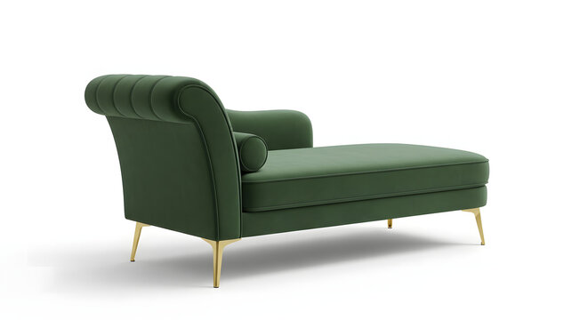 A green chaise lounge with gold legs
