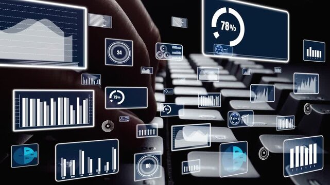 Close-up view of hands on a keyboard with floating digital graphics of charts and graphs, symbolizing data analysis and modern business intelligence tools. Xenic