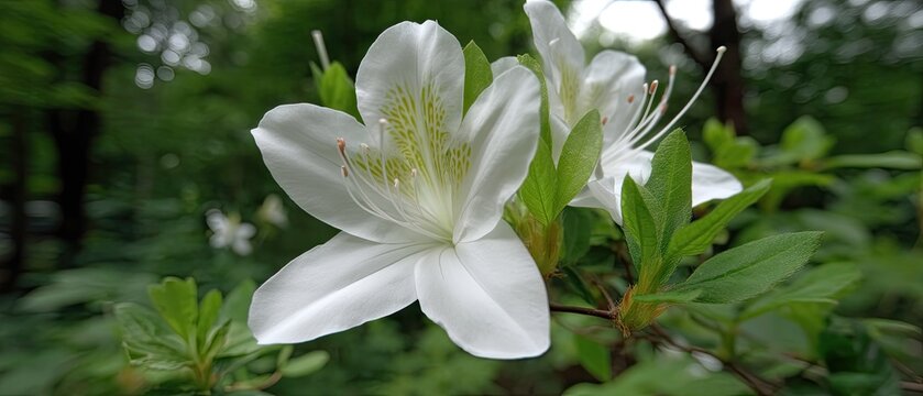 White azalea flowers and rhododendron bushes bloom during an overcast spring day in a garden with blurred green background