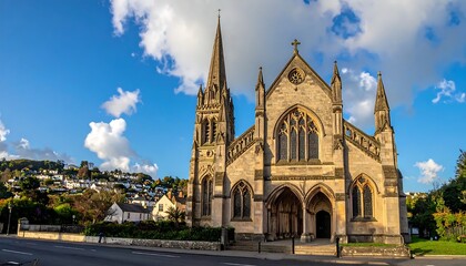 Obraz premium A large tan stone church with two spires on a street corner