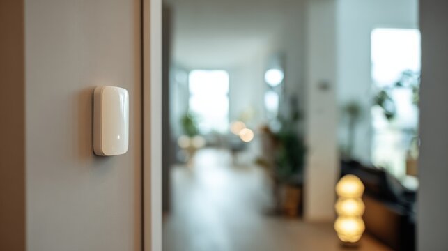 Medium shot of a discreet motion sensor mounted on a hallway wall highlighting its sleek design against a softly blurred background of a modern home interior.