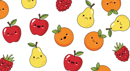 Fototapeta premium Cute fruit seamless pattern with apples pears oranges and raspberries kawaii food background vector illustration design