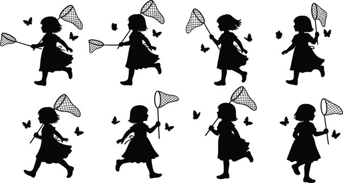 Black silhouette set of little girl running with butterfly net catching butterflies in meadow for summer childhood outdoor play and nature exploration