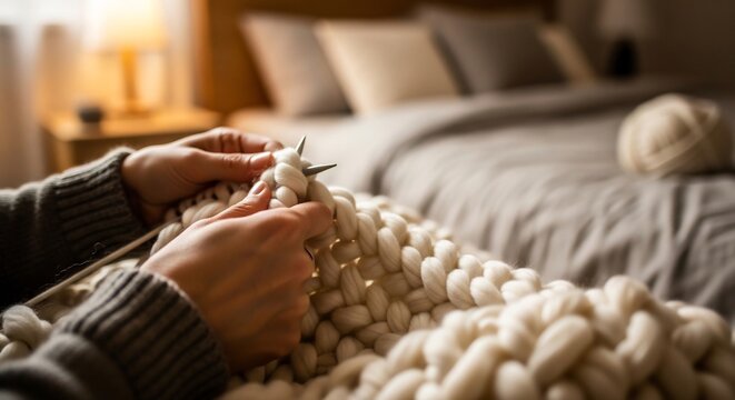 Close up of hands knitting a chunky blanket in a cozy bedroom setting.