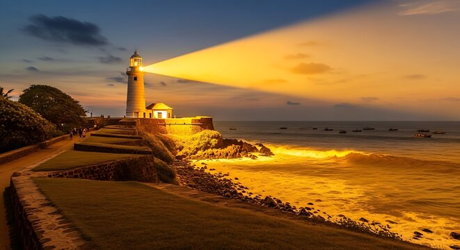 Majestic lighthouse on a rocky coast with a powerful golden beam of light at sunset, concept of guidance and safety.