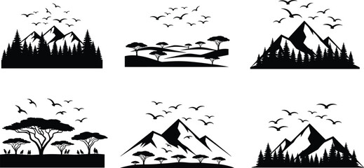 Obraz premium Mountain landscape silhouette collection featuring pine forest, savanna trees, flying birds, and majestic peaks for outdoor adventure and nature vector designs.