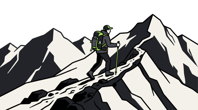 A stylized illustration of a hiker with a backpack and trekking poles walking along a narrow ridge path with dramatic mountain peaks in the background.