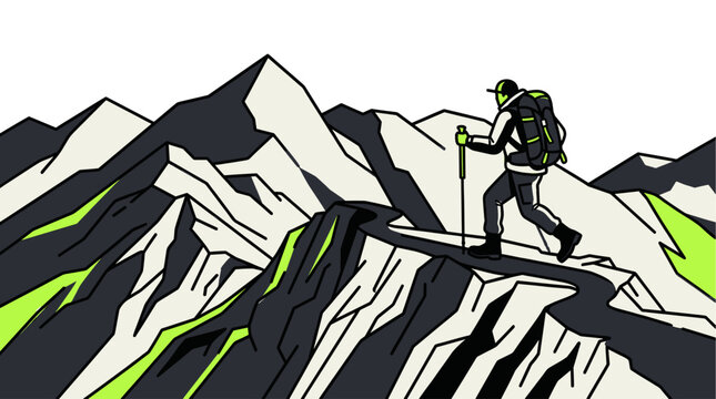 A stylized vector illustration depicts a hiker with a backpack and poles walking along a narrow path on a rocky mountain range with a white background.