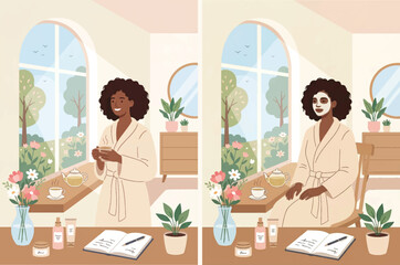Fototapeta premium Spring Self Care Morning Routine Woman Bathrobe Herbal Tea Skincare Journal Flowers Window Wellness Illustration