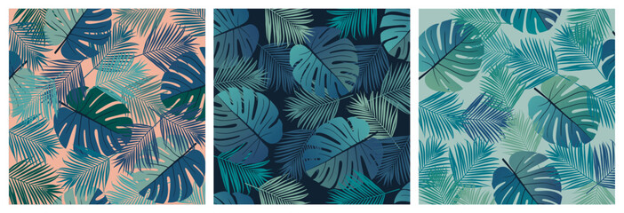 Seamless patterns with exotic green monstera leaves and palm branches, summer tropical vector backgrounds © Dhiraj
