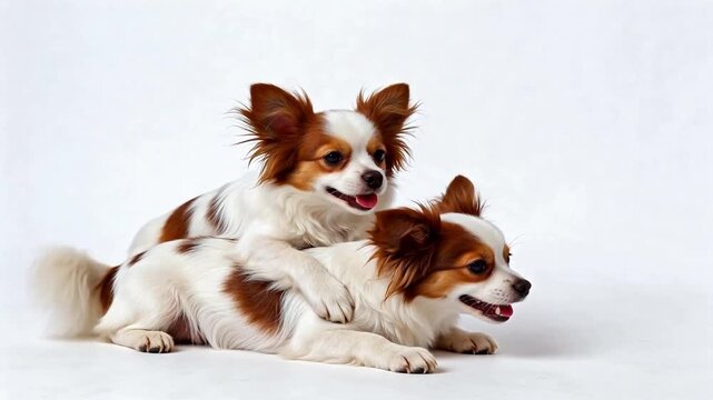 Two small brown and white dogs on each other