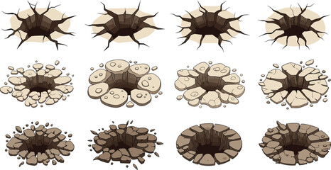 Ground cracks and holes set with broken earth surfaces impact craters cartoon vector illustration collection isolated © MdAbuSayed