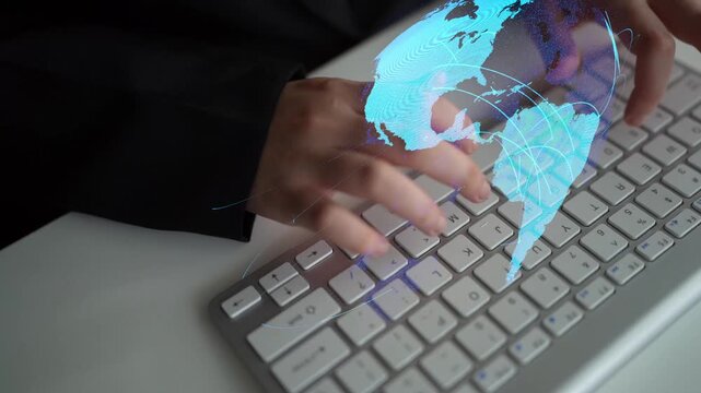 Global network connection visualization showing data exchange, digital link, worldwide communication. Global data flow and digital network infrastructure connecting regions around the world. Thunk