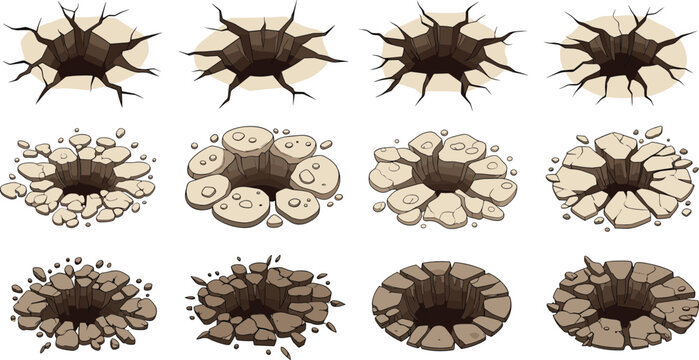 Ground cracks and holes set with broken earth surfaces impact craters cartoon vector illustration collection isolated