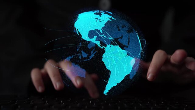 Global network connection visualization showing data exchange, digital link, worldwide communication. Global data flow and digital network infrastructure connecting regions around the world. Thunk