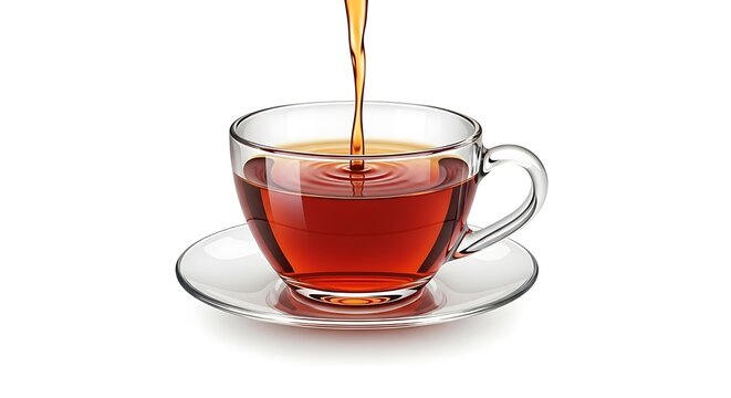 A glass cup of tea being poured with a rich brown liquid on a saucer