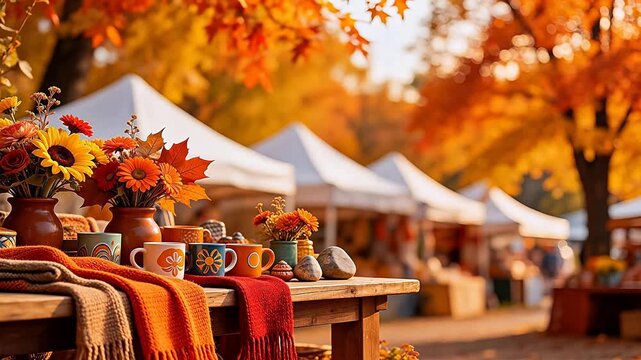 Autumn market stall with cozy knitted scarves, ceramic mugs, sunflowers, and maple leaves on rustic wooden table under golden fall trees &ndash; seasonal lifestyle scene