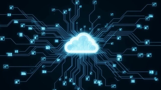 Digital cloud computing concept with interconnected data streams. Represents the future of technology and data management in a connected world