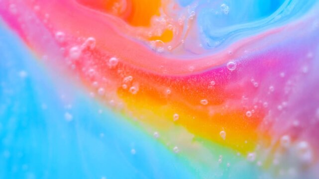 Colorful abstract liquid patterns with bubbles creating a vibrant rainbow effect. Ideal for artistic backgrounds and creative projects